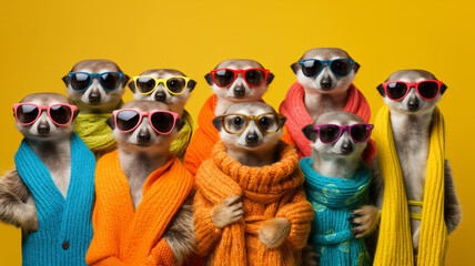 Creative animal concept. Meerkat in a group, vibrant bright fashionable outfits isolated on solid background advertisement, copy text space. birthday party invite invitation banner 