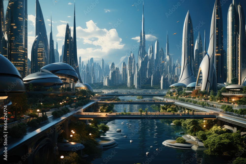 Wall mural a futuristic cityscape in a parallel universe with advanced technology and architectural wonders. co