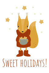 Vector card with pretty squirell with Christmas cookies