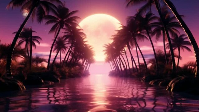 Stream of Water Flanked by Palm Trees Under a Bright, Glowing Moon