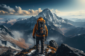 A climber navigating a treacherous mountain path, showcasing the need for risk assessment and preparedness in extreme sports. Concept of adventure risk. Generative Ai. - obrazy, fototapety, plakaty