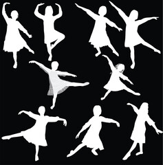 nine women silhouettes in motion isolated on black