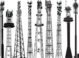 set of nine antenna black silhouettes on white background - obrazy, fototapety, plakaty