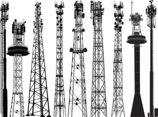 Fotobehang set of nine antenna black silhouettes on white background © Alexander Potapov