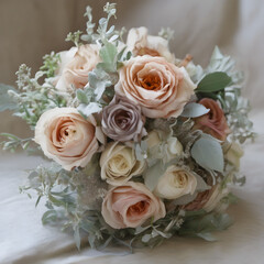 A vintage-inspired bouquet with antique garden roses and dusty miller.
