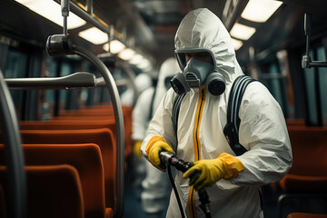 Fototapeta na wymiar A worker disinfecting and sanitizing high-touch surfaces in a public transportation vehicle, ensuring passenger safety and transport hygiene. Concept of public transit cleaning. Generative Ai.