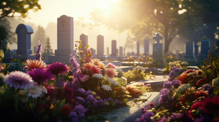 Gravestones in the cemetery. No people. Funeral services concept.