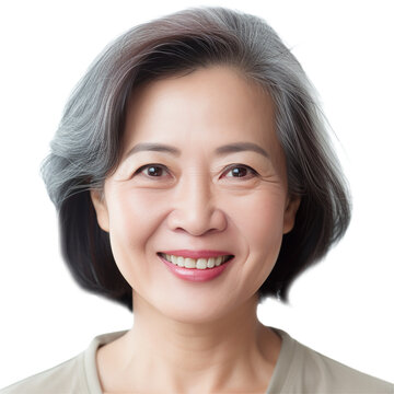 Portrait of good looking mature smiling Asian woman in casual dress. Gray and black hair. Transparent png, add your own background. Generative ai.