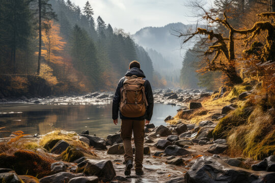 A hiker exploring a scenic trail on Boxing Day, taking in the natural beauty of the great outdoors. Concept of nature appreciation. Generative Ai.