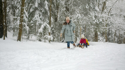 Adult mother walks with delighted children on sled in snowy winter forest