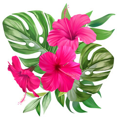 Bouquet of pink flowers isolated. Tropical orchid flowers, hibiscus, paradise flower, plumeria. Summer bouquet, exotic © Alaska_artworks