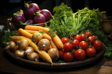 A tray of freshly harvested root vegetables, including carrots and beets, ready for culinary use. Concept of root crop harvesting. Generative Ai.