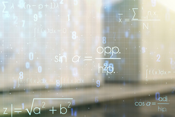 Abstract scientific formula hologram on blurry modern office building background. Multiexposure