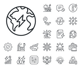 Electric power energy sign. Energy, Co2 exhaust and solar panel outline icons. Electricity line icon. Lightning bolt symbol. Electricity line sign. Eco electric or wind power icon. Vector