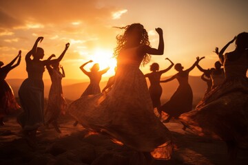 silhouettes of several women dancing a ritual traditional spiritual dance for fun into the sunset, orange sunlight