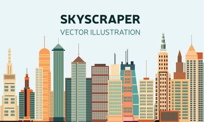 Skyscrapers horizontal banner with copyspace. Office buildings in flat style. Vector illustration.