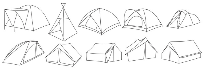 Set of doodle tents. Hand drawn camp tent outline. Vector illustraiton.