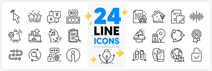 Icons set of Cursor, 5g technology and Lock line icons pack for app with Survey progress, Petrol station, Street light thin outline icon. Sound wave, Translate, Strategy pictogram. Vector
