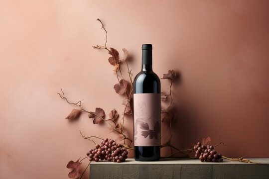 an advertisement photo of a bottle of wine on a beige colored rusty pink blush background, with a vine branch and grapes