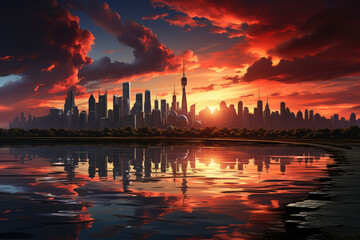 Fototapeta premium A vibrant and colorful sunset over an urban skyline, casting warm hues across the cityscape. Concept of urban beauty. Generative Ai.