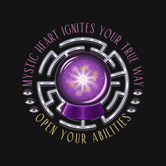 Label with text, labyrinth, magic crystal ball with flashes inside. Glowing glass orb with light inside for clairvoyant witchcraft. Prediction, occult, mystical concept. Not AI