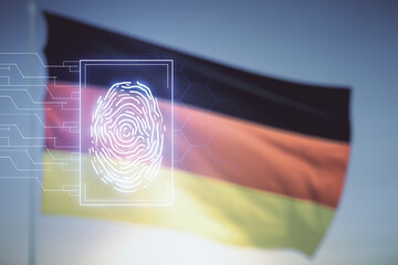 Abstract virtual fingerprint hologram on flag of Germany and sunset sky background. Multiexposure