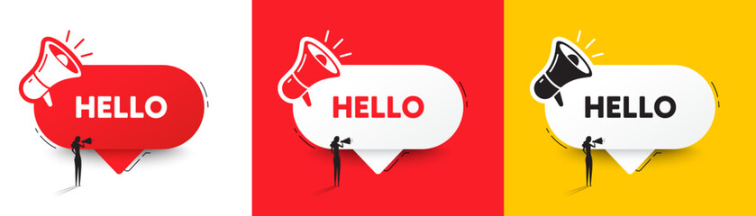 Hello welcome tag. Speech bubble with megaphone and woman silhouette. Hi invitation offer. Formal greetings message. Hello chat speech message. Woman with megaphone. Vector - obrazy, fototapety, plakaty