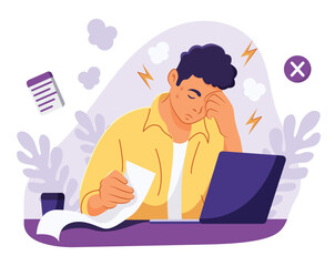 Stressed handsome worker. Distressed male employee. Overwork at work. Burnout young man. Flat Vector Illustration