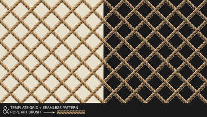 Seamless pattern with hemp rope net. Classic square geometric grid on white, black background. Rope pattern brush included. Vintage style. Not AI © OA_Creation