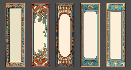 Art-nouveau color empty banners. Romantic art deco modern frames with floral ornament, vintage colour borders, retro packaging decor with flowers - obrazy, fototapety, plakaty