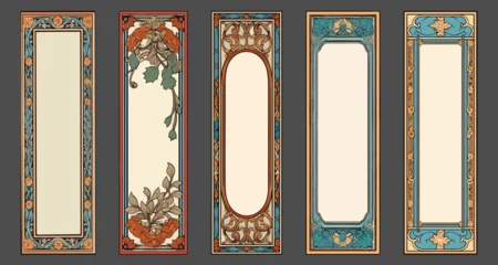 Fototapeten Art-nouveau color empty banners. Romantic art deco modern frames with floral ornament, vintage colour borders, retro packaging decor with flowers © LadadikArt