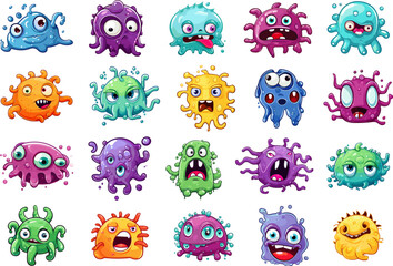 Obraz premium Colourful spooky bacteria set. Parasite cartoon characters group,kawaii scary microbes isolated, fun pandemic virus germs icons on white