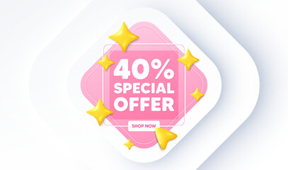 40 percent discount offer tag. Neumorphic promotion banner. Sale price promo sign. Special offer symbol. Discount message. 3d stars with cursor pointer. Vector