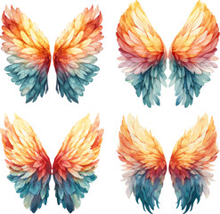 Fototapeta na wymiar Fairy magical plumage in watercolor style. Soft fluffy aquarelle colored angel wings isolated on white background