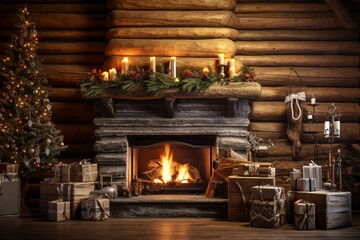 Festive interior with gift boxes near a Christmas fireplace in a log cabin, featuring wooden walls, mantelpiece with candles, and a Christmas wreath with bells. Generative AI