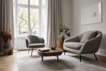 Contemporary living room furnished with a grey armchair and table. Generative AI