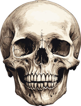 Old human skull vintage sketch. Detailed cranium etched drawing vector monochrome anatomy illustration