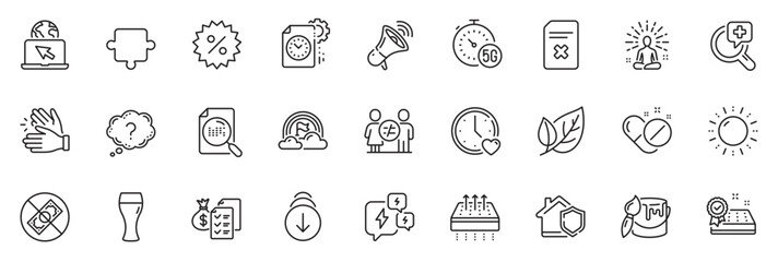 Icons pack as Delete file, Brush and Breathable mattress line icons for app include Megaphone, Clapping hands, Project deadline outline thin icon web set. Internet, Mattress guarantee. Vector