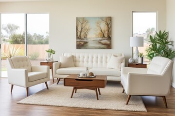 Fototapeta premium Mid-century style home interior design of a modern living room with a white sofa, armchairs, and a coffee table.