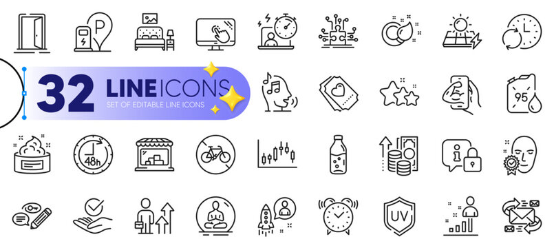 Outline set of Inflation, Candlestick graph and Keywords line icons for web with E-mail, Timer, Love ticket thin icon. Update time, Uv protection, Open door pictogram icon. Approved. Vector