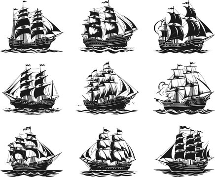 Sailing ships silhouettes. Old sail boats black on white, vintage pirates frigate schooner brigantine retro sailboats isolated vector illustration