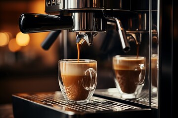 A professional coffee machine making espresso in a cafe, close-up view