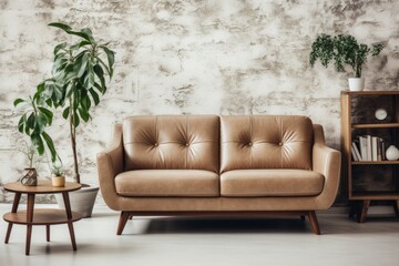 Brown leather sofa against empty concrete wall in modern living room design. Contemporary Interior