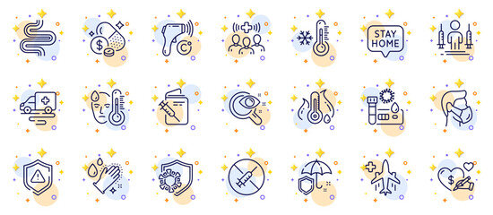Outline set of Vaccination passport, Covid test and Electronic thermometer line icons for web app. Include Stay home, Social care, Coronavirus pictogram icons. No vaccine, Umbrella. Vector