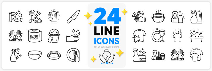 Icons set of Sponge, Shampoo and spray and Toilet paper line icons pack for app with Clean shirt, Washing hands, Cleanser spray thin outline icon. Washing cleanser, Clean hands. Vector