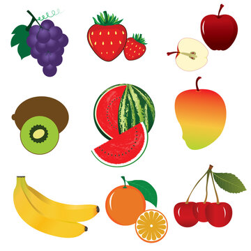 Set of bright fruits and berries on white background. Fresh food icon and vector. vector drawing sketch of fruits isolated background, hand drawn illustration. Kiwi, cherry, Apple, banana,  orange,