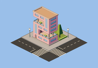 Isometric building with road and trees. Vector illustration.