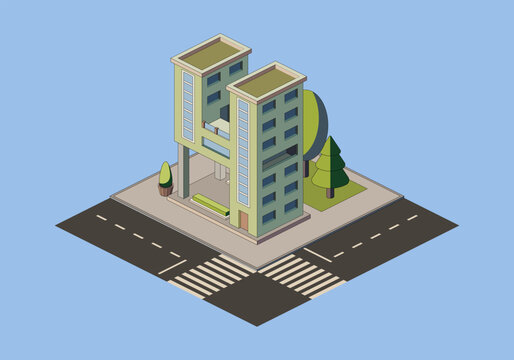recommend clip art: Isometric building with road and trees. Vector illustration.