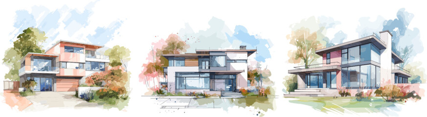 Modern houses watercolor sketch exterior design. Isolated buildings modernism, architecture templates and landscape vector graphic art