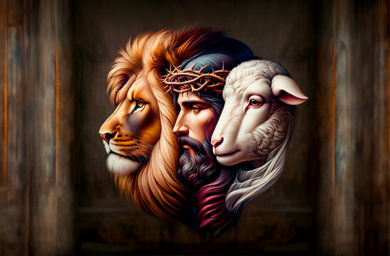 Armon&iacute;a Divina: Jes&uacute;s, el Le&oacute;n y el Cordero, ilustraci&oacute;n art&iacute;stica con tonos suaves y apacibles, se destacan tres siluetas en perfecta armon&iacute;a.